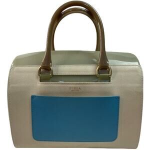 Furla Candy Clear Ivory Blue Large Rubber Satchel Bag Purse 11" X 8.5"